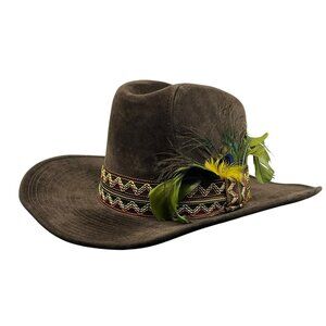 GW YA Headwear Vintage Retro Leather Suede Cowboy Western Hat Peacock Feather